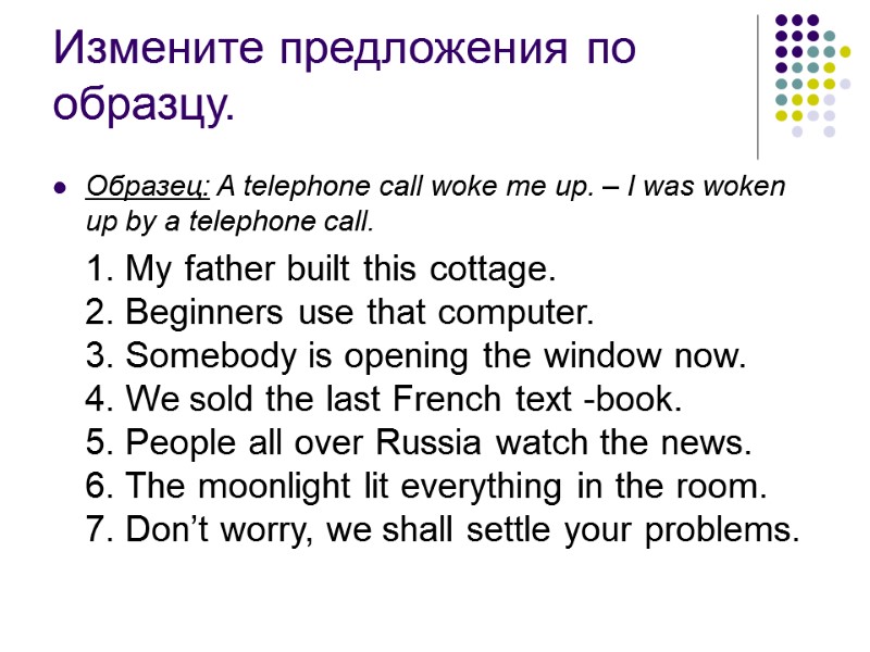 Измените предложения по образцу.   Образец: A telephone call woke me up. –